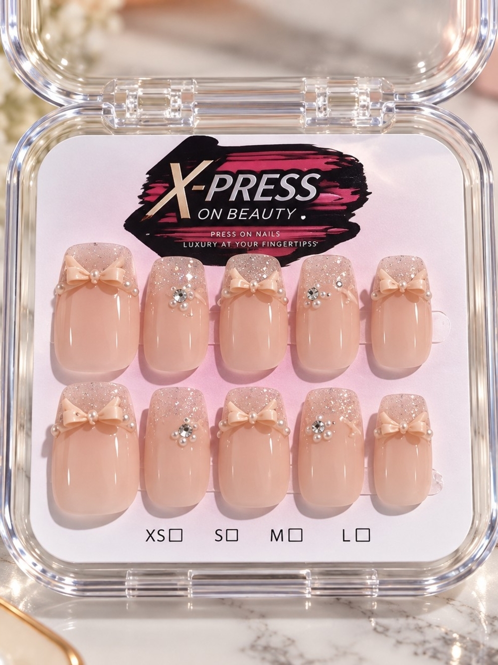 Blush Bow Diamond Press-On Nails